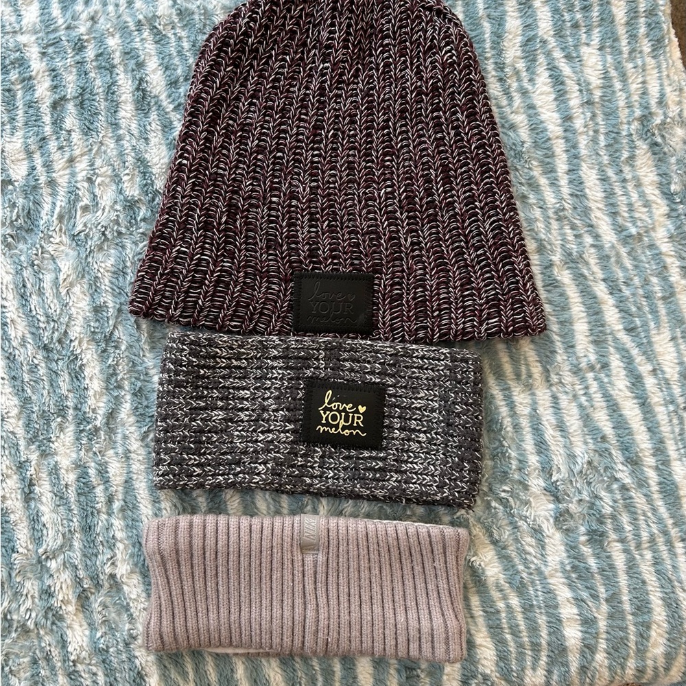 Love Your Melon  Beanie and Headband Trio - Maroon and Gray